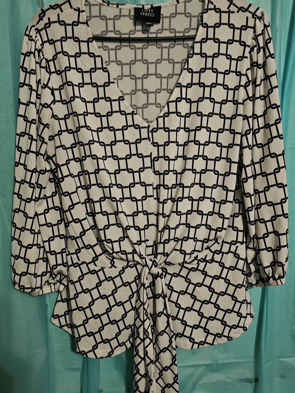 Fifty Street Black & White Geometric Tie-Front V-Neck Blouse